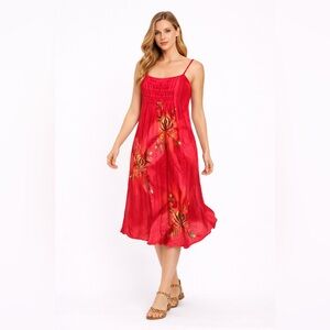 Vintage 90s Tropical Batik Smocked Pink/red floral sundress Dress Rayon OSFM